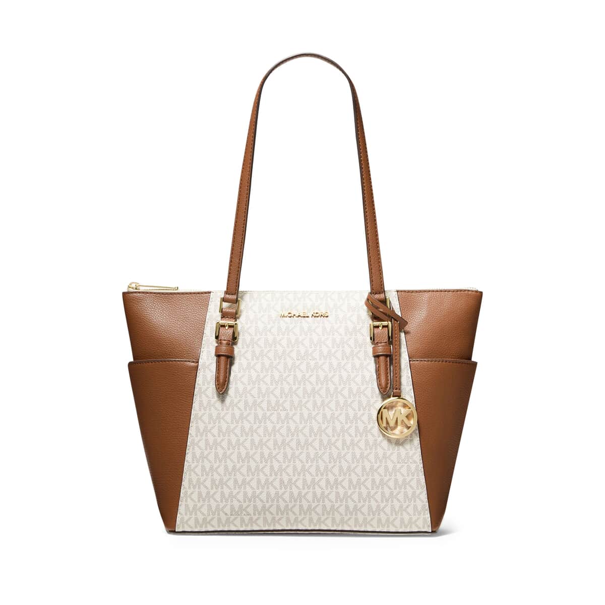 Michael Kors Ivory & Tan Charlotte Large Logo and Leather Top-Zip Tote Bag (15"x4.75"x10") (Ships in 8-10 Business Days) image number 0