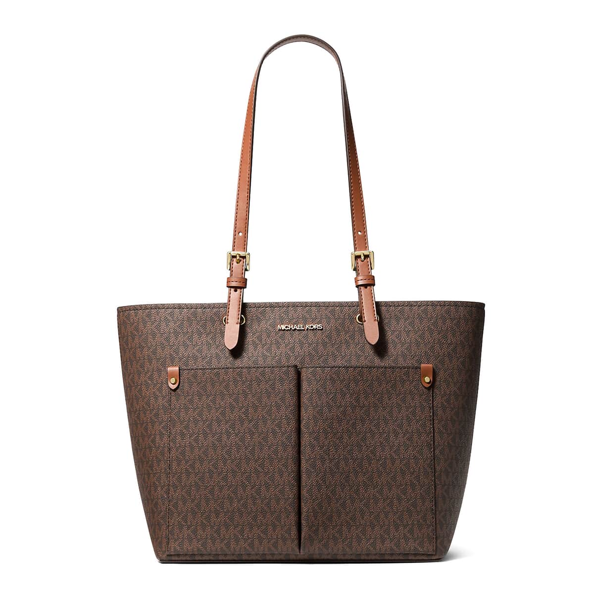 Michael Kors Brown Logo Print Canvas Leather Jet Set Medium Pocket Tote Bag image number 0