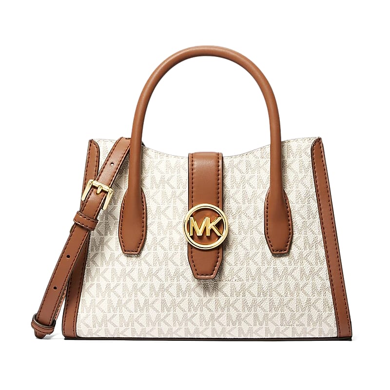 Michael Kors Ivory & Tan Canvas Gabby Small Logo Satchel Bag