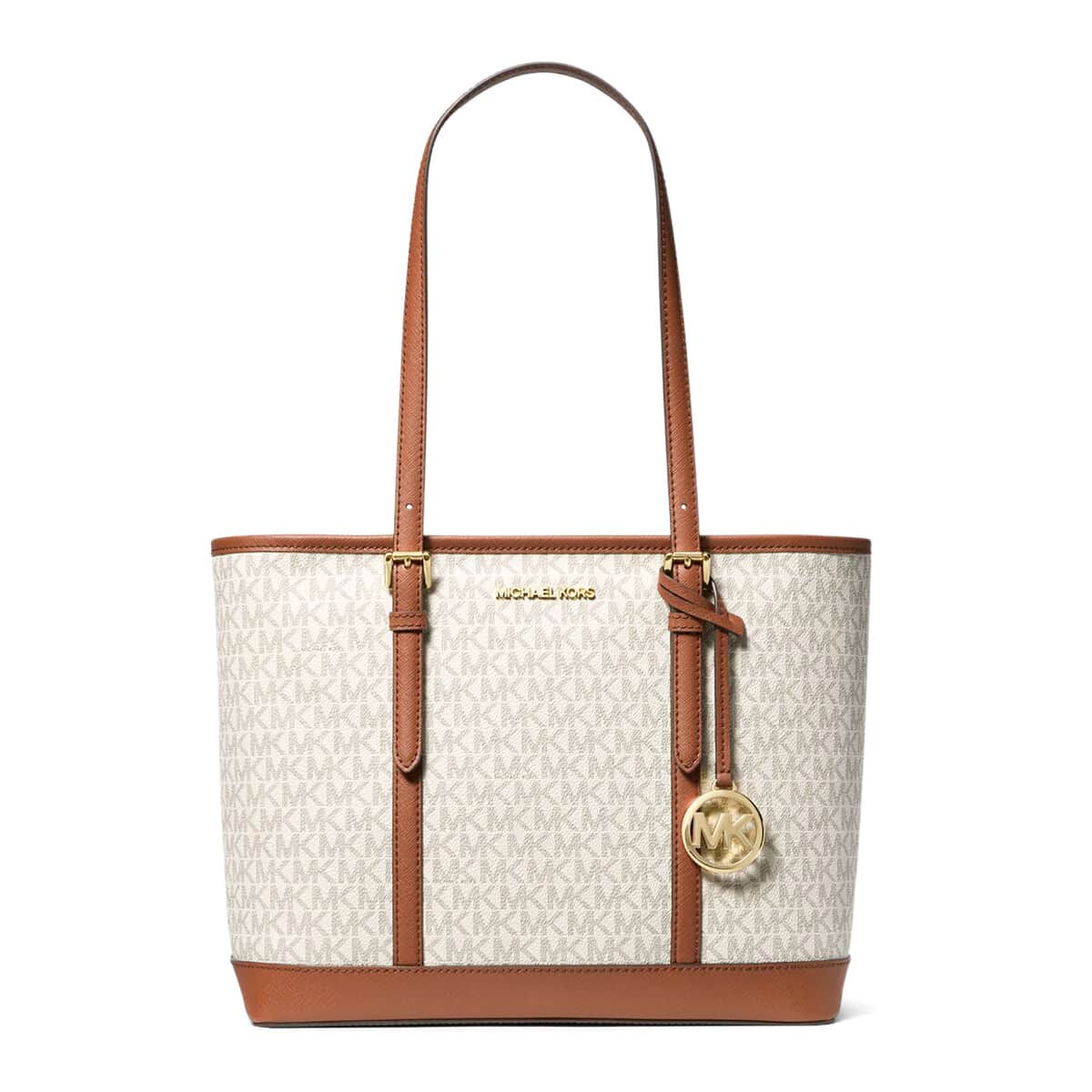 Michael Kors Ivory & Tan Canvas Jet Set Travel Small Logo Top-Zip Tote Bag (14.75"x5.5"x10") (Ships in 8-10 Business Days) image number 0