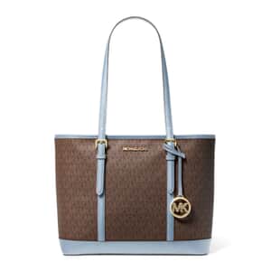 Michael Kors Brown & Blue Canvas Jet Set Travel Small Logo Top-Zip Tote Bag (Ships in 8-10 Business Days) 