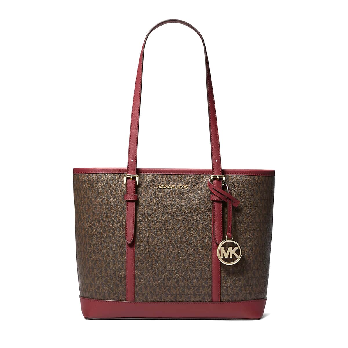 Michael Kors Brown & Cherry Canvas Jet Set Travel Small Logo Top-Zip Tote Bag image number 0