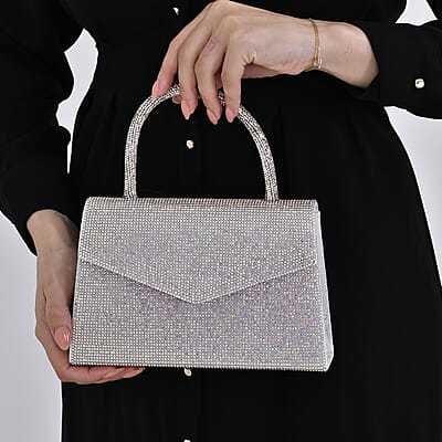Sparkling Aurora Borealis Crystal Faux Leather Clutch Bag with Handle Drop and Long Chain Strap 47