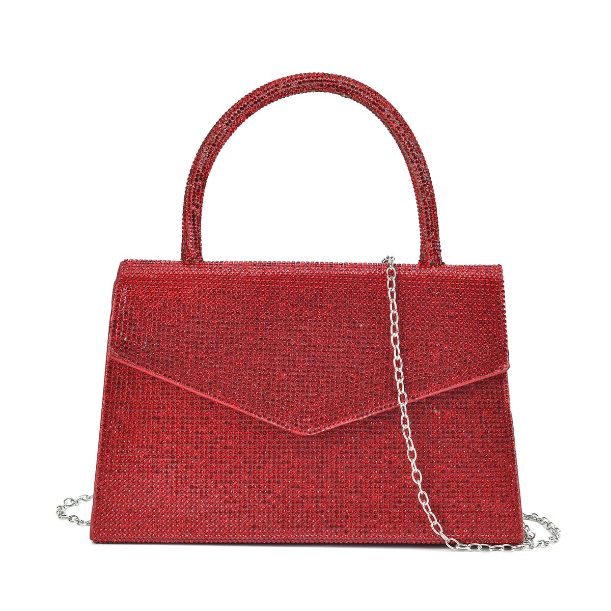 Sparkling Red Crystal Faux Leather Clutch Bag with Handle Drop and Long Chain Strap 47 image number 0