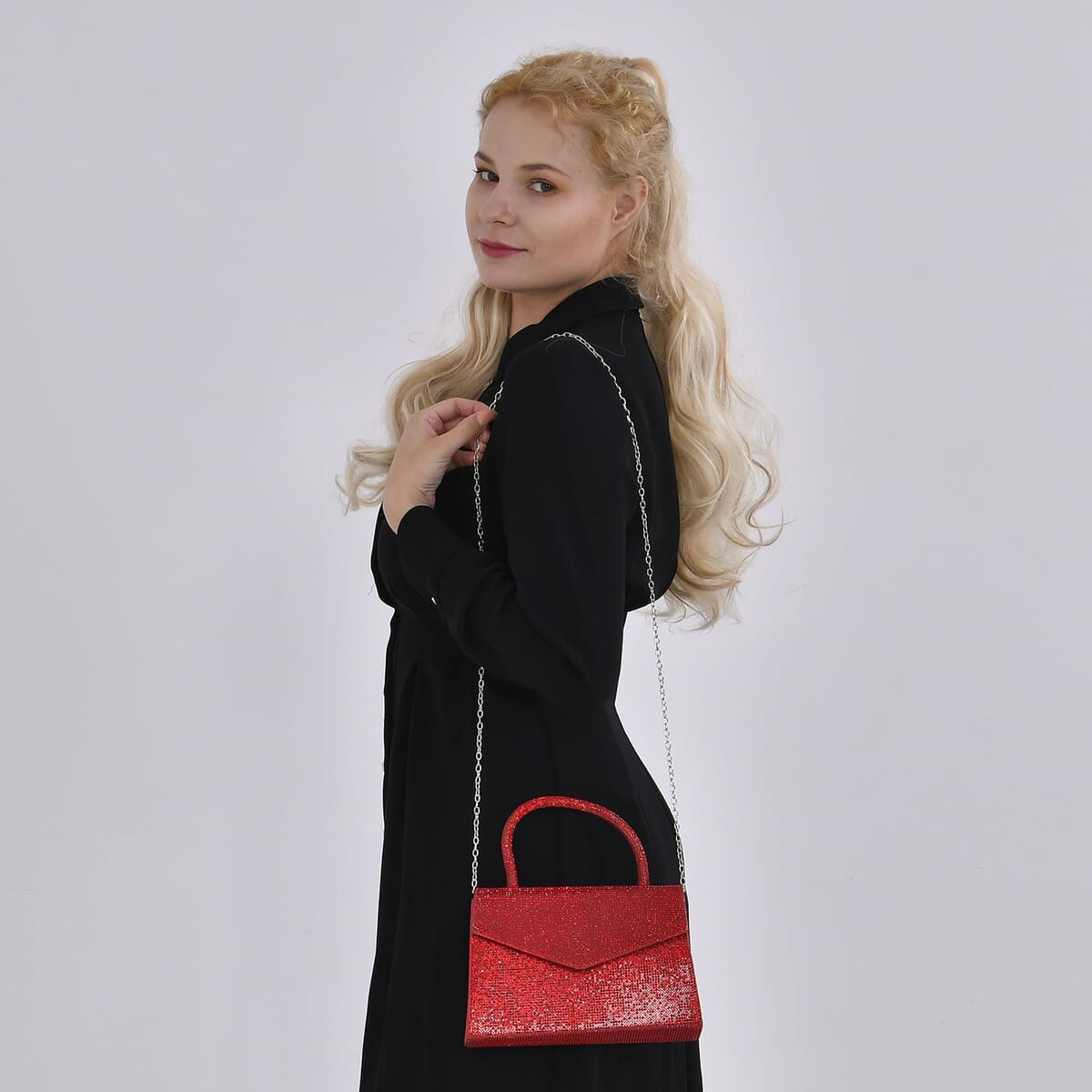 Sparkling Red Crystal Faux Leather Clutch Bag with Handle Drop and Long Chain Strap 47 image number 1