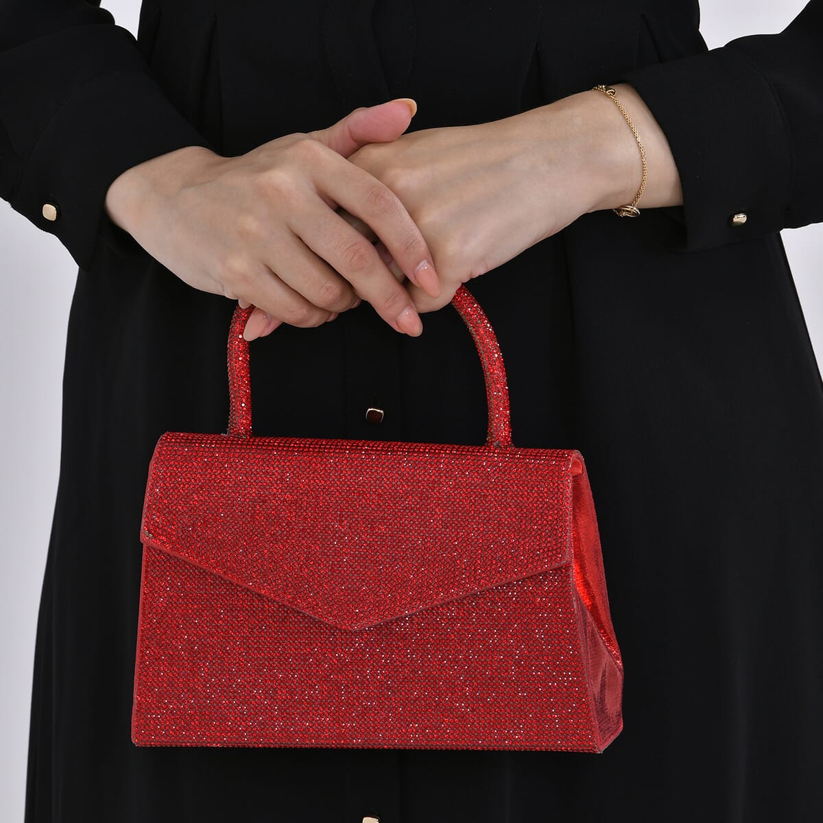 Sparkling Red Crystal Faux Leather Clutch Bag with Handle Drop and Long Chain Strap 47 image number 2