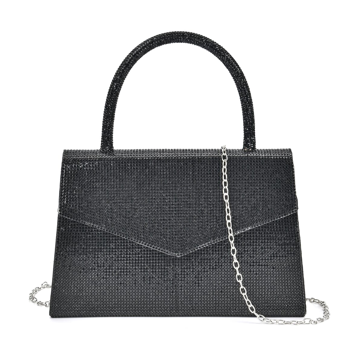 Sparkling Black Crystal Faux Leather Clutch Bag with Handle Drop and Long Chain Strap 47 image number 0