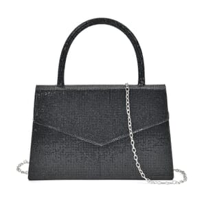 Sparkling Black Crystal Faux Leather Clutch Bag with Handle Drop and Long Chain Strap 47
