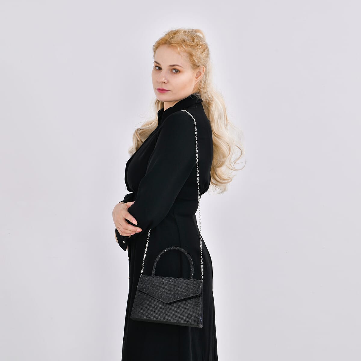 Sparkling Black Crystal Faux Leather Clutch Bag with Handle Drop and Long Chain Strap 47 image number 1