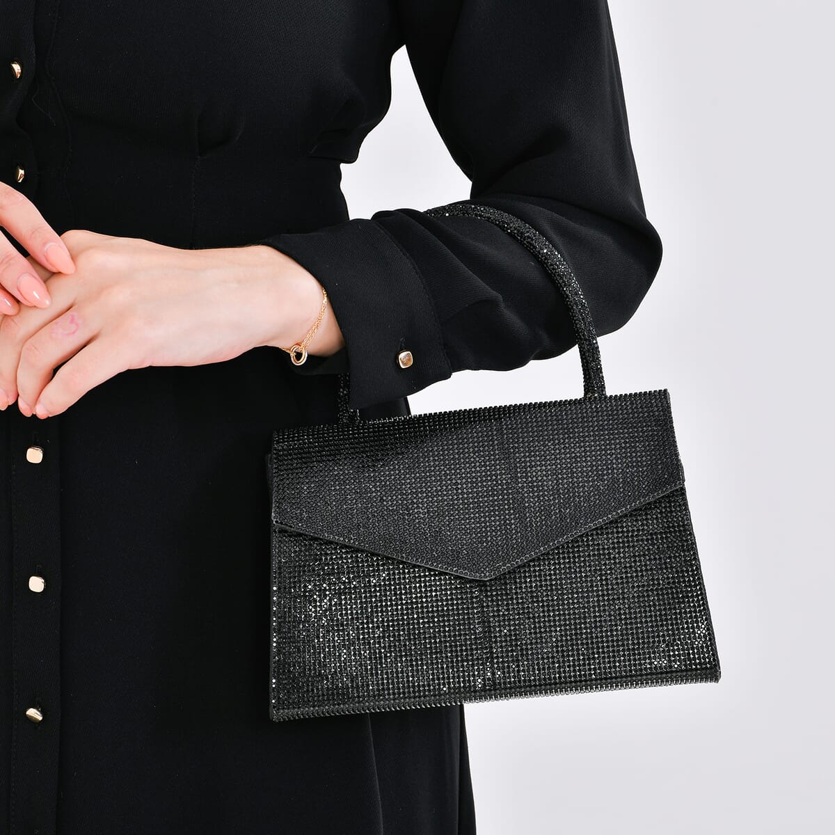 Sparkling Black Crystal Faux Leather Clutch Bag with Handle Drop and Long Chain Strap 47 image number 2
