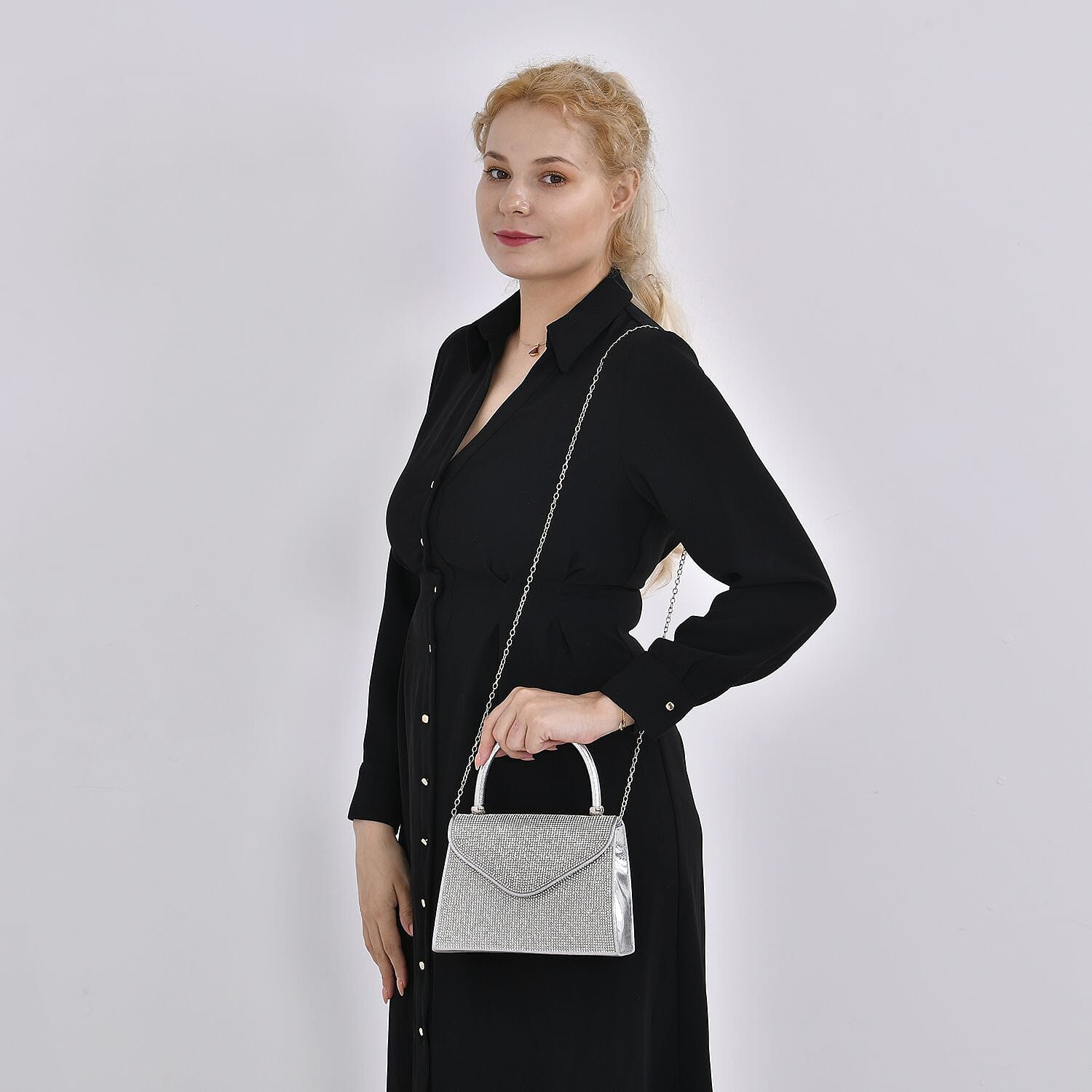 Sparkling Silver Clutch Bag with Handle Drop & 46.45 Chain Strap