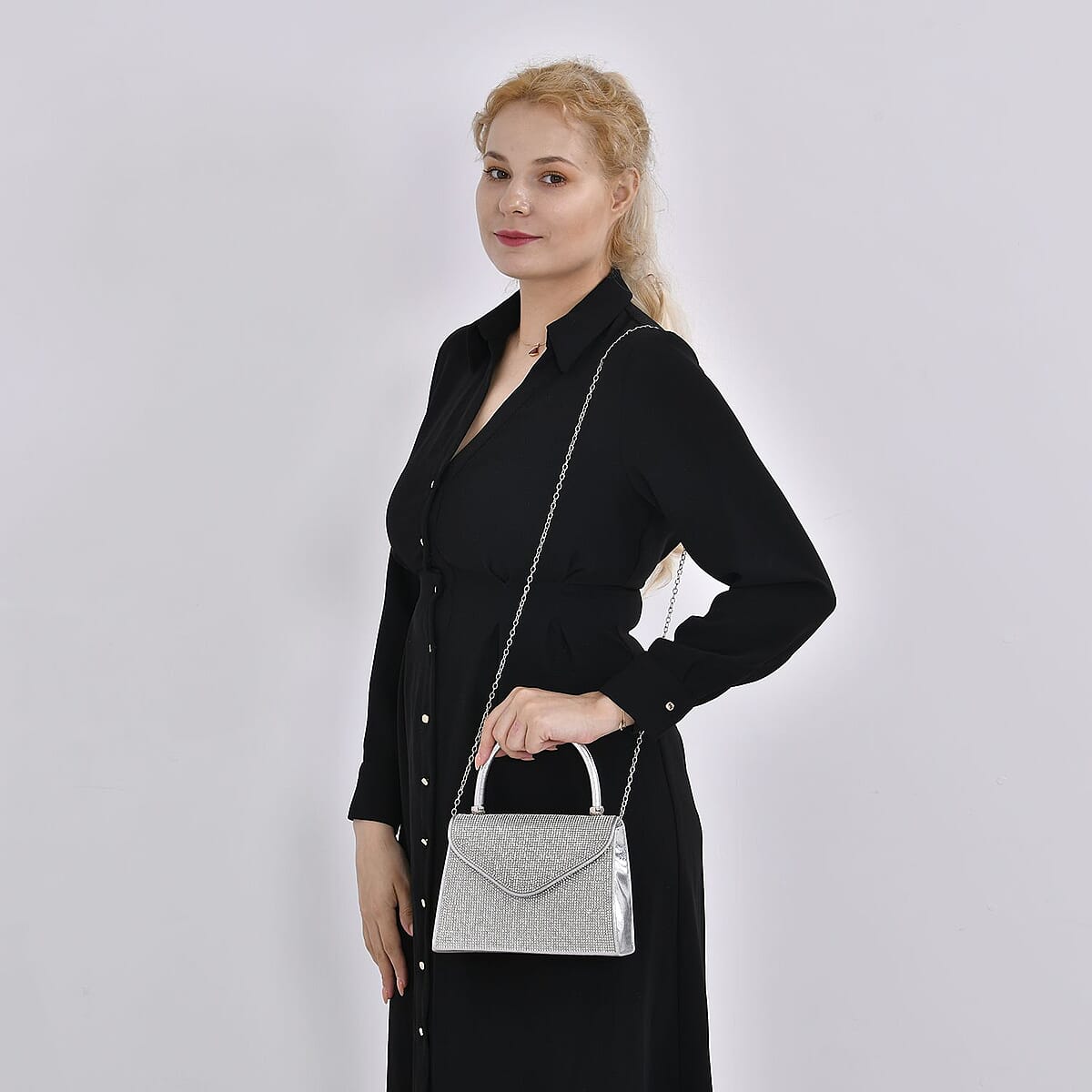 Sparkling Silver Clutch Bag with Handle Drop & 46.45 Chain Strap image number 1