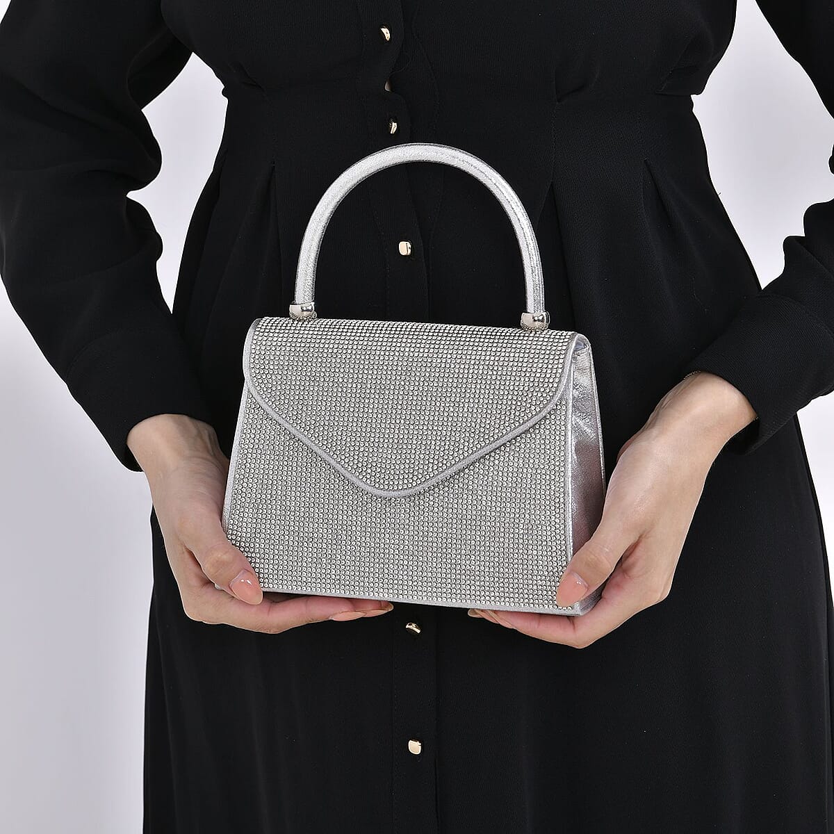 Sparkling Silver Clutch Bag with Handle Drop & 46.45 Chain Strap image number 2