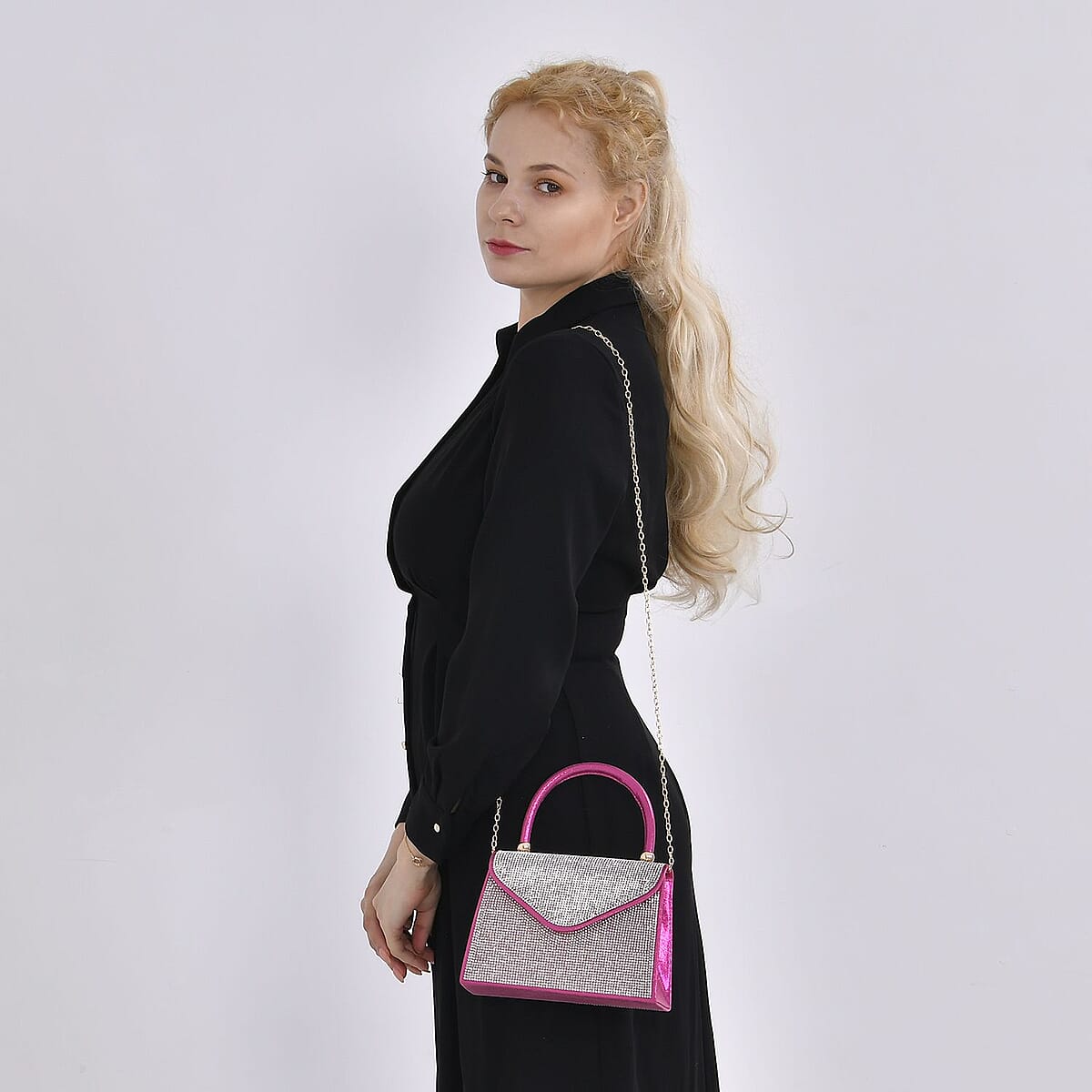 Sparkling Rose Red Clutch Bag with Handle Drop & 46.45 Chain Strap image number 1