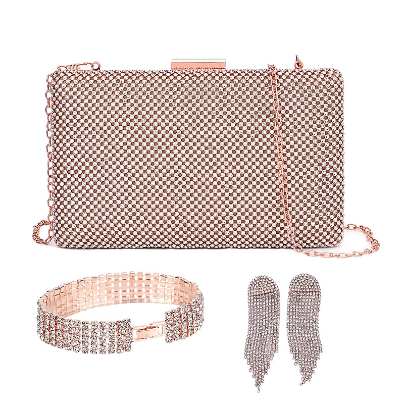 Set of 3, Rose Crystal Clutch Bag in 47In Shoulder Chain, 1 pc Crystal Bracelet 8 Inch, with 1 Pair Crystal Earrings
