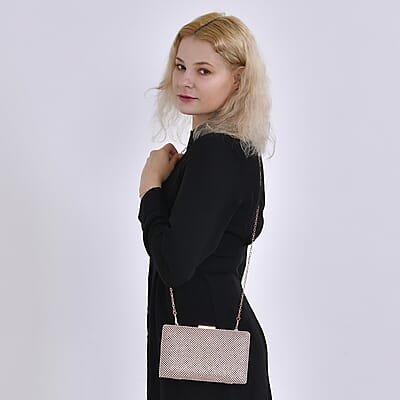 Set of 3, Rose Crystal Clutch Bag in 47In Shoulder Chain, 1 pc Crystal Bracelet 8 Inch, with 1 Pair Crystal Earrings