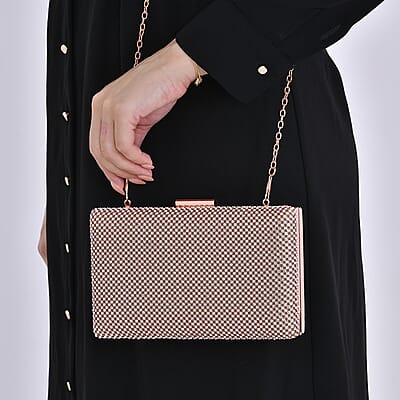 Set of 3, Rose Crystal Clutch Bag in 47In Shoulder Chain, 1 pc Crystal Bracelet 8 Inch, with 1 Pair Crystal Earrings