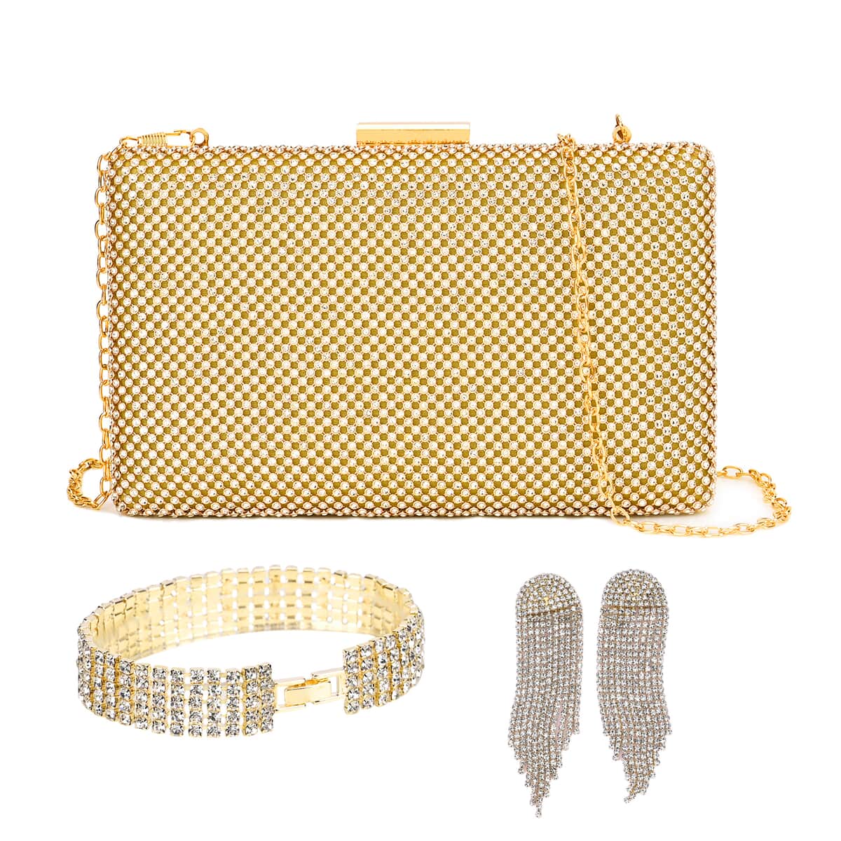 Set of 3 Golden Crystal Clutch Bag in 47In Shoulder Chain, 1 pc Crystal Bracelet 8 Inch, with 1 Pair Crystal Earrings image number 0