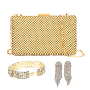 Set of 3 Golden Crystal Clutch Bag in 47In Shoulder Chain, 1 pc Crystal Bracelet 8 Inch, with 1 Pair Crystal Earrings