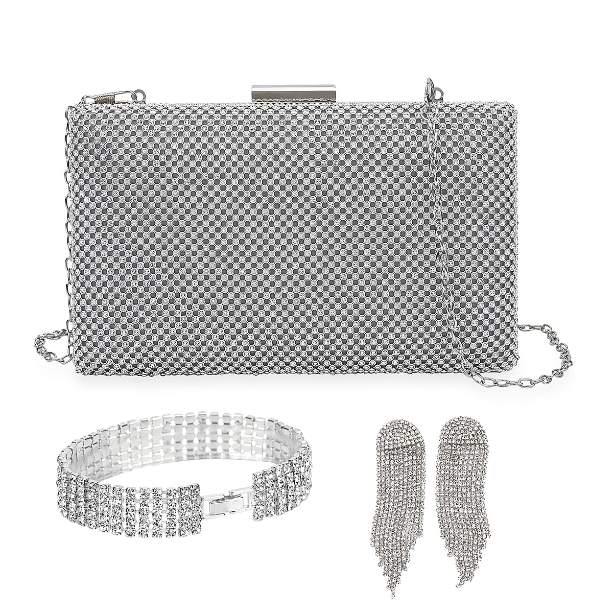 Set of 3 Silver Crystal Clutch Bag in 47In Shoulder Chain, 1 pc Crystal Bracelet 8 Inch, with 1 Pair Crystal Earrings image number 0