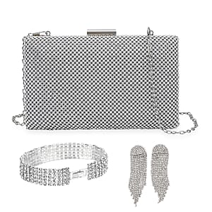 Set of 3 Silver Crystal Clutch Bag in 47In Shoulder Chain, 1 pc Crystal Bracelet 8 Inch, with 1 Pair Crystal Earrings