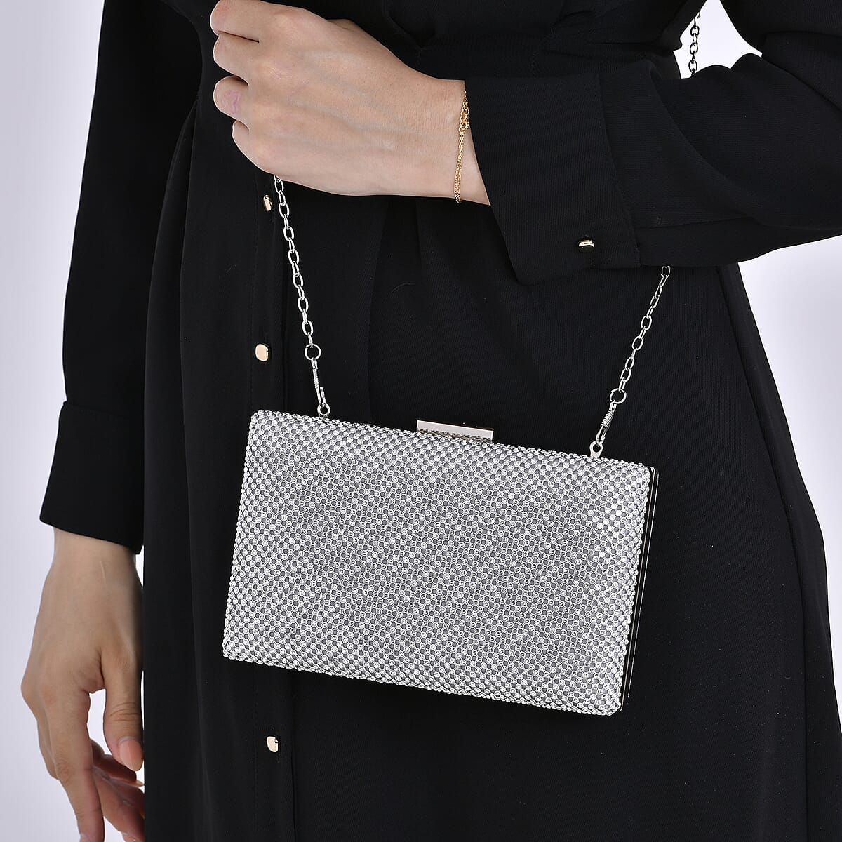Set of 3 Silver Crystal Clutch Bag in 47In Shoulder Chain, 1 pc Crystal Bracelet 8 Inch, with 1 Pair Crystal Earrings image number 2
