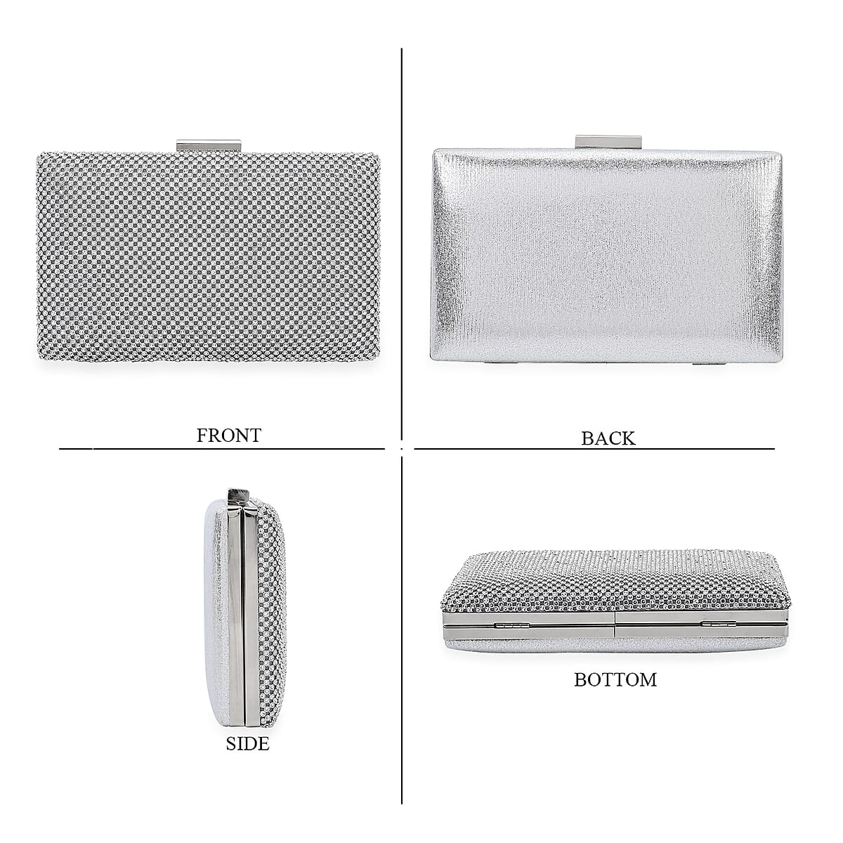 Set of 3 Silver Crystal Clutch Bag in 47In Shoulder Chain, 1 pc Crystal Bracelet 8 Inch, with 1 Pair Crystal Earrings image number 3