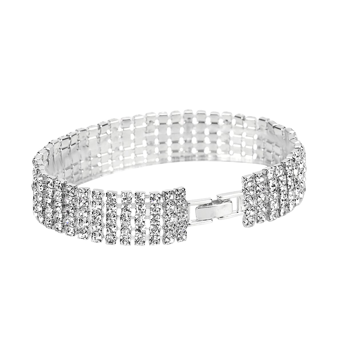 Set of 3 Silver Crystal Clutch Bag in 47In Shoulder Chain, 1 pc Crystal Bracelet 8 Inch, with 1 Pair Crystal Earrings image number 6