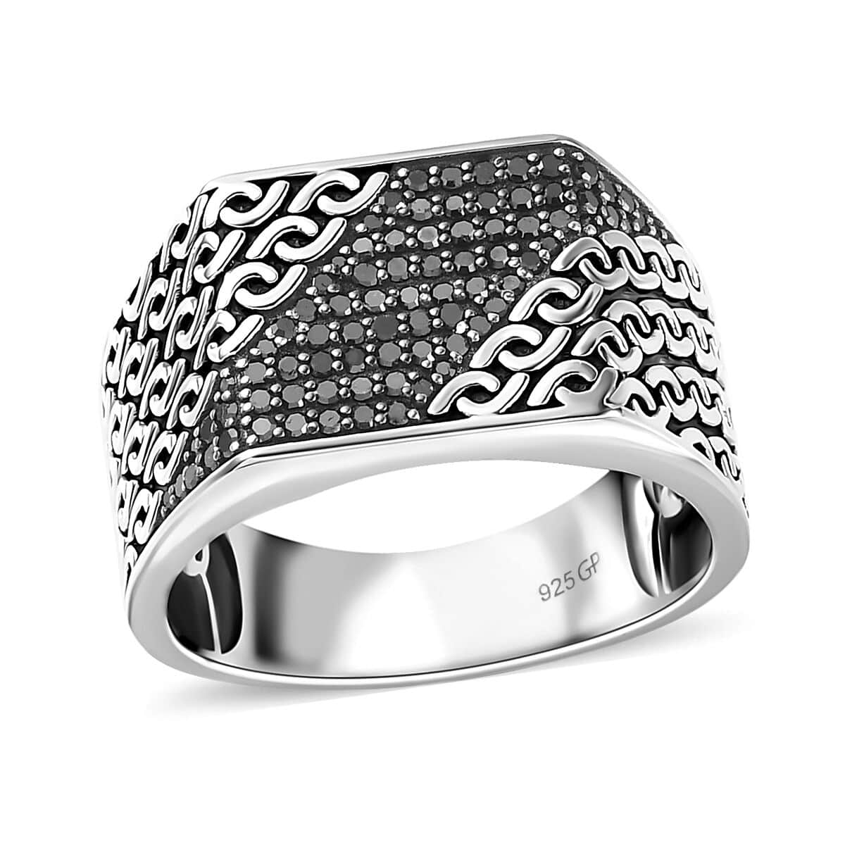 GP Royal Art Deco Collection Black Diamond Men's Ring in Platinum Over Sterling Silver (Size 10.0) 0.50 ctw image number 0
