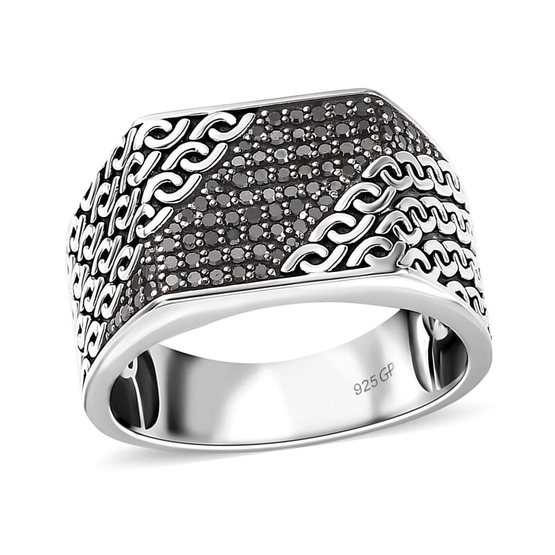 GP Royal Art Deco Collection Black Diamond Men's Ring in Platinum Over Sterling Silver (Size 10.0) 0.50 ctw