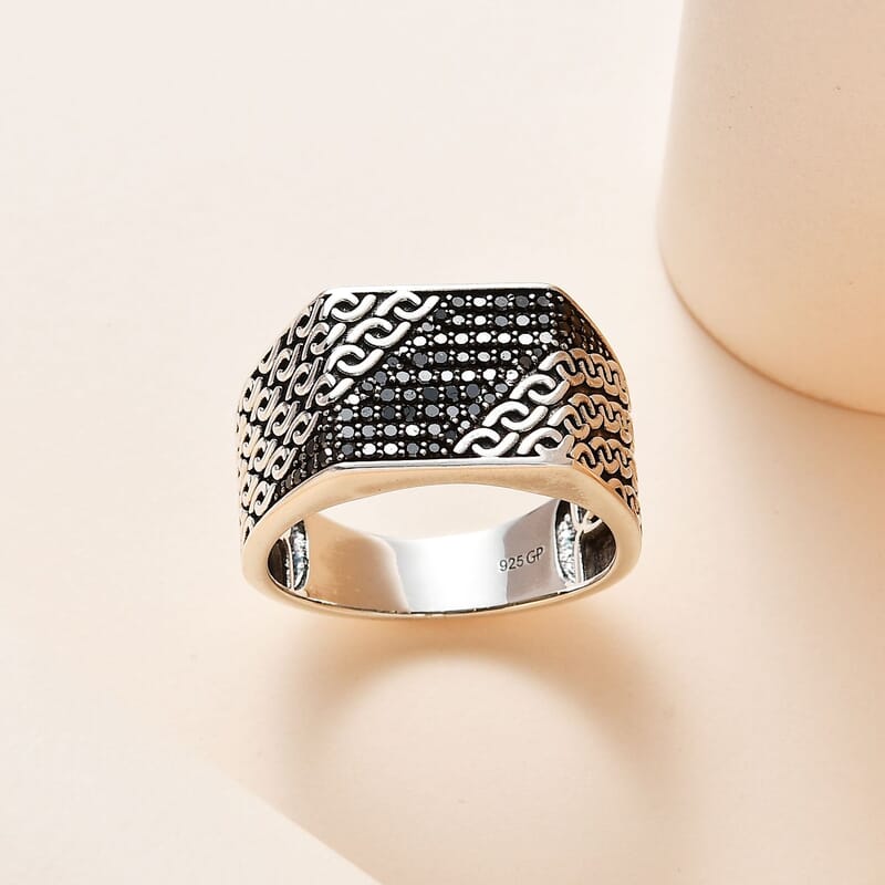 GP Royal Art Deco Collection Black Diamond Men's Ring in Platinum Over Sterling Silver (Size 10.0) 0.50 ctw