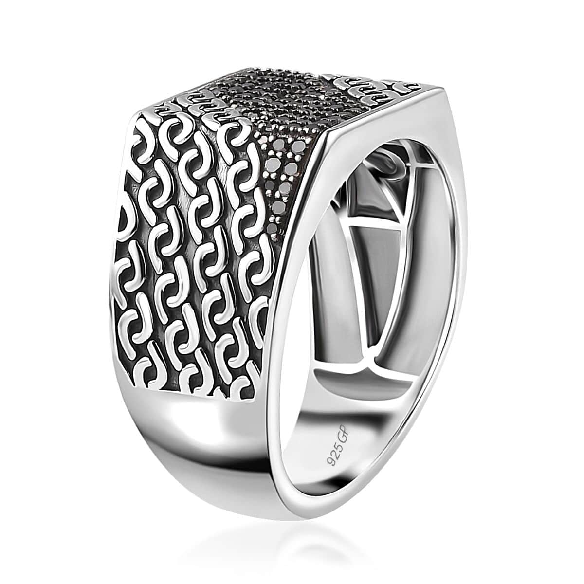 GP Royal Art Deco Collection Black Diamond Men's Ring in Platinum Over Sterling Silver (Size 10.0) 0.50 ctw image number 3