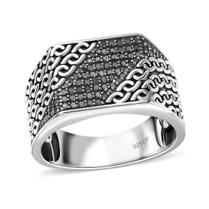 GP Royal Art Deco Collection Black Diamond Men's Ring in Platinum Over Sterling Silver (Size 11.0) 0.50 ctw