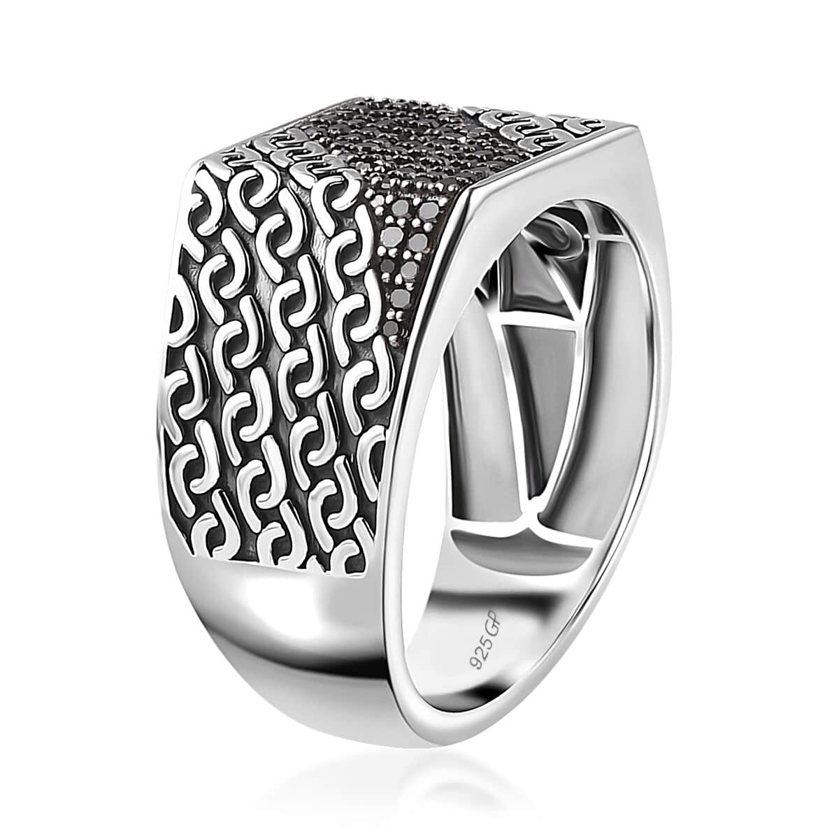 GP Royal Art Deco Collection Black Diamond Men's Ring in Platinum Over Sterling Silver (Size 12.0) 0.50 ctw image number 3