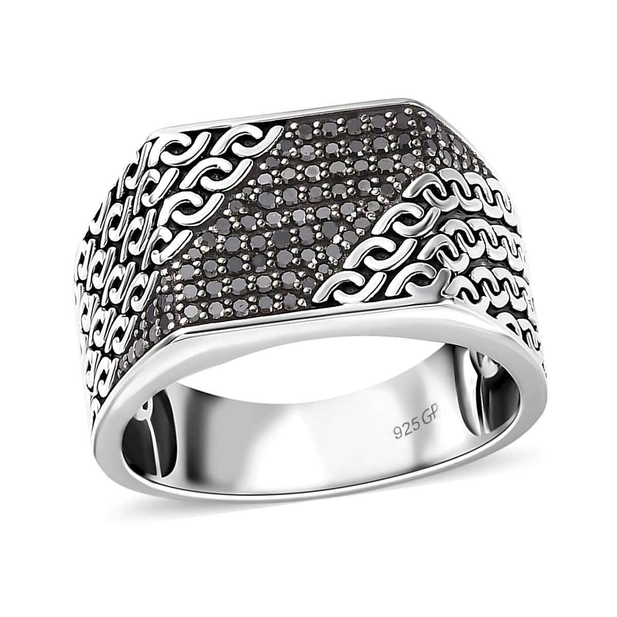 GP Royal Art Deco Collection Black Diamond Men's Ring in Platinum Over Sterling Silver (Size 13.0) 0.50 ctw image number 0