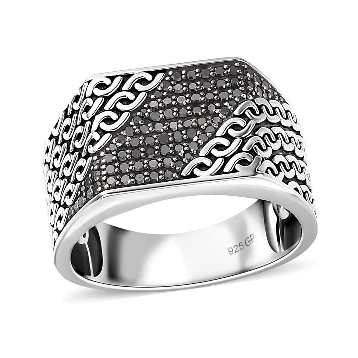 GP Royal Art Deco Collection Black Diamond Men's Ring in Platinum Over Sterling Silver (Size 14.0) 0.50 ctw image number 0