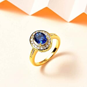 Tanzanite Color Quartz and White Zircon 3.04 ctw Ring in 18K Vermeil Yellow Gold Over Sterling Silver (Size 11.5)