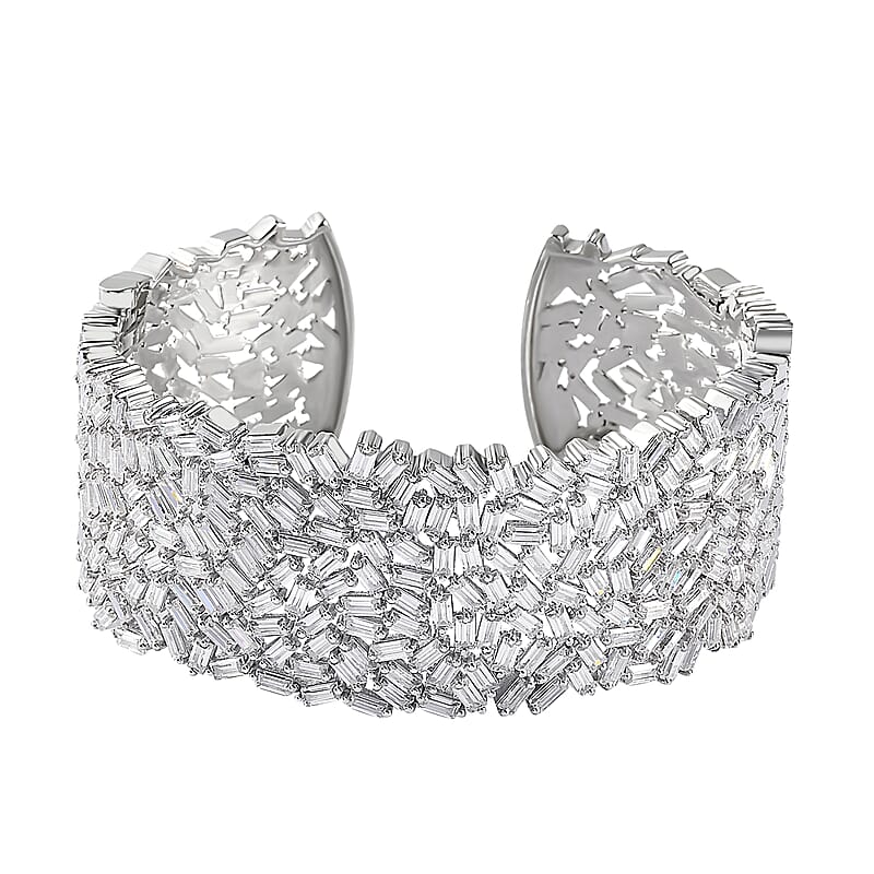Moissanite 22.80 ctw Fire Crakers Cuff Bracelet in Platinum Over Sterling Silver (7.50 In)