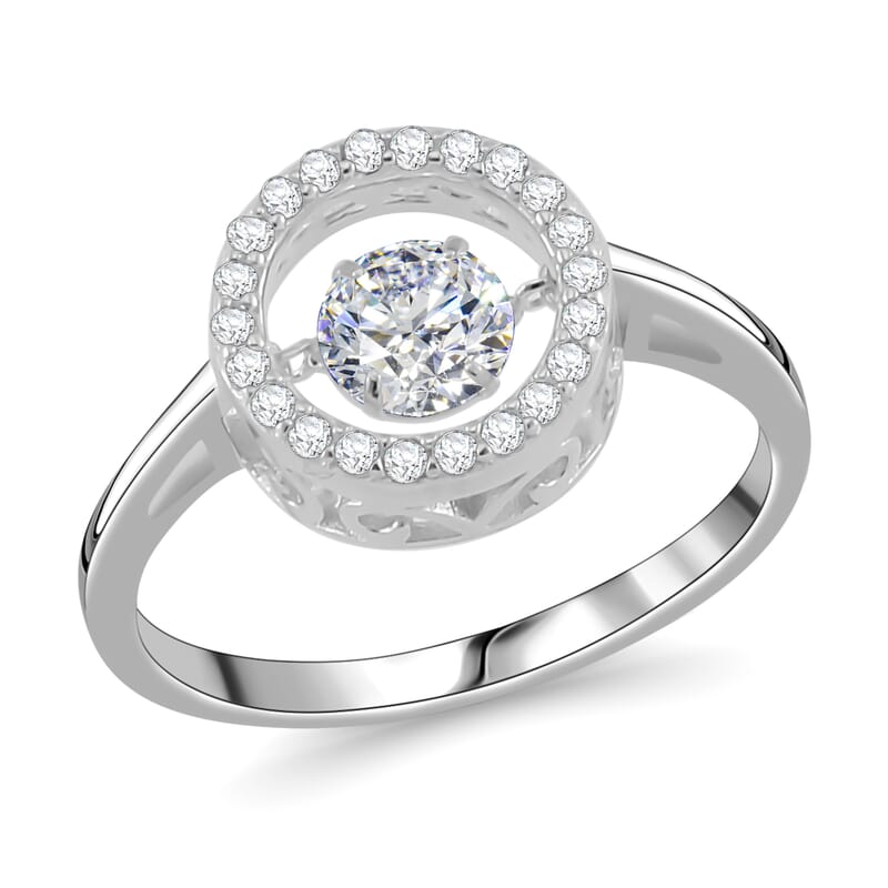 Simulated Diamond 1.20 ctw Halo Ring in Platinum Over Sterling Silver (Size 9.0) 