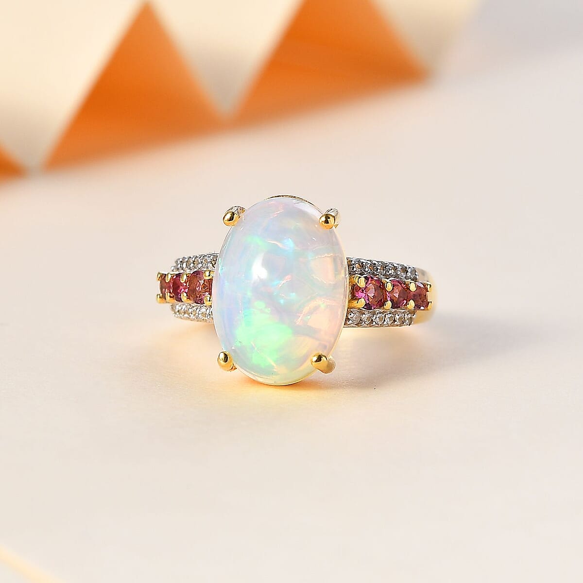 Premium Ethiopian Welo Opal and Multi Gemstone Ring in Vermeil Yellow Gold Over Sterling Silver (Size 9.0) 4.35 ctw image number 1