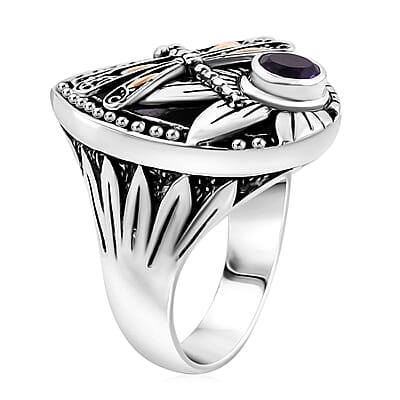 Bali Legacy Abalone Shell and African Amethyst 0.75 ctw Dragonfly Ring in 22K Yellow Gold and Sterling Silver (Size 10.0) 