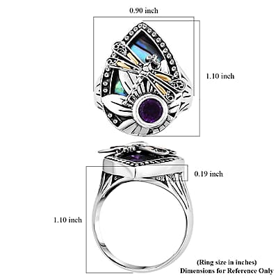 Bali Legacy Abalone Shell and African Amethyst 0.75 ctw Dragonfly Ring in 22K Yellow Gold and Sterling Silver (Size 10.0) 