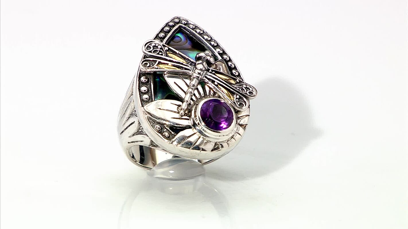 Bali Legacy Abalone Shell and African Amethyst 0.75 ctw Dragonfly Ring in 22K Yellow Gold and Sterling Silver (Size 10.0)
