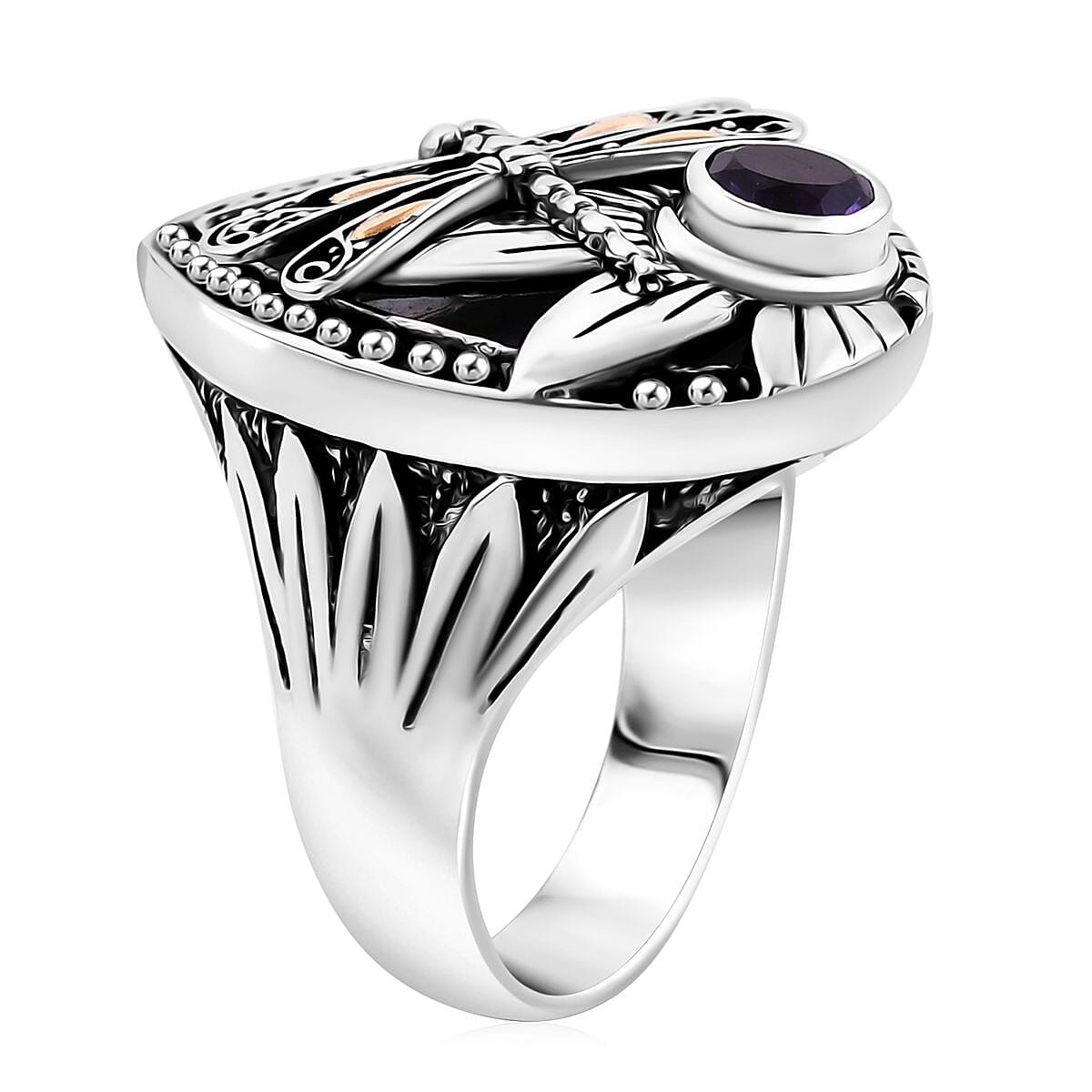 Bali Legacy Abalone Shell and African Amethyst 0.75 ctw Dragonfly Ring in 22K Yellow Gold and Sterling Silver (Size 8.0)  image number 3