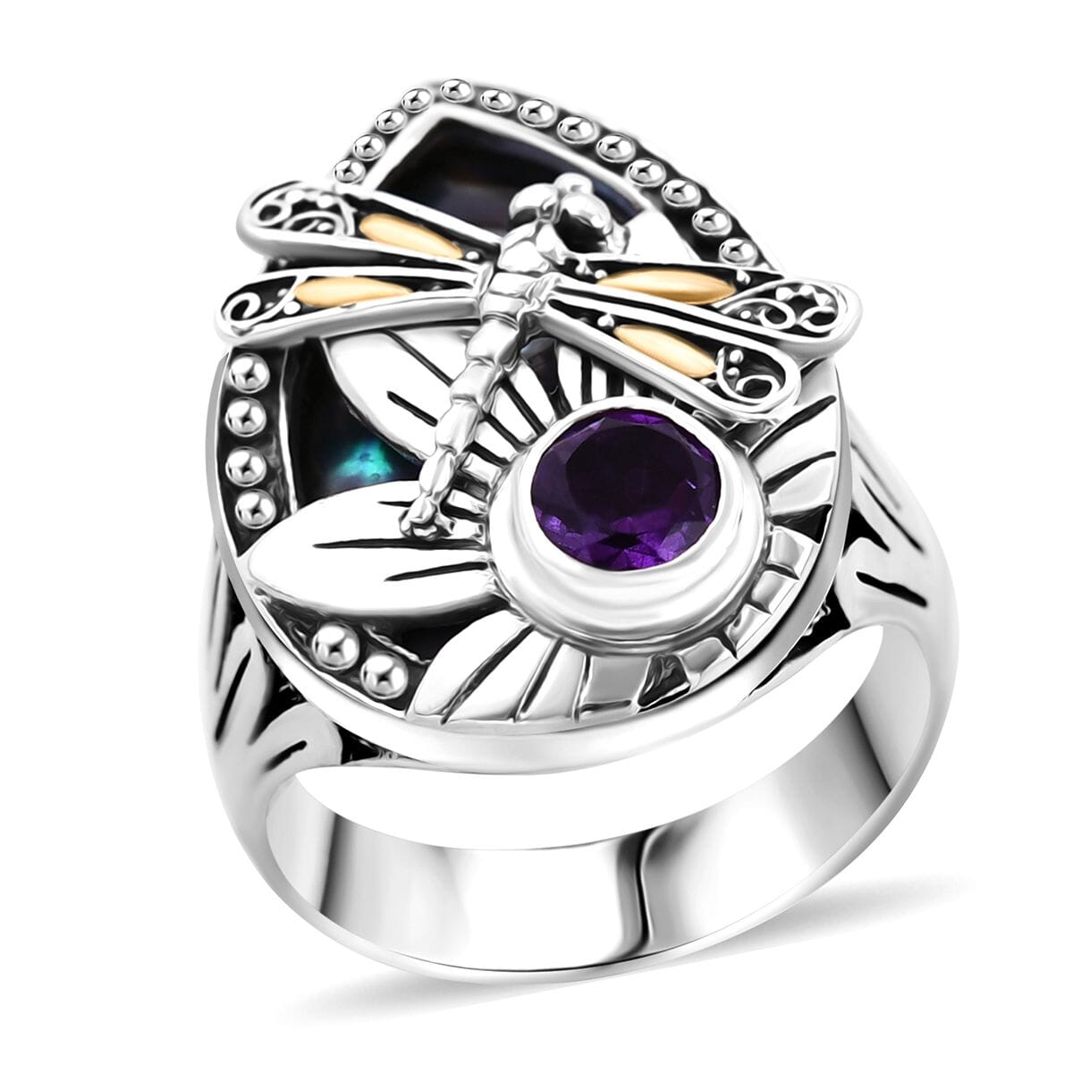 Bali Legacy Abalone Shell and African Amethyst 0.75 ctw Dragonfly Ring in 22K Yellow Gold and Sterling Silver (Size 9.0)  image number 0