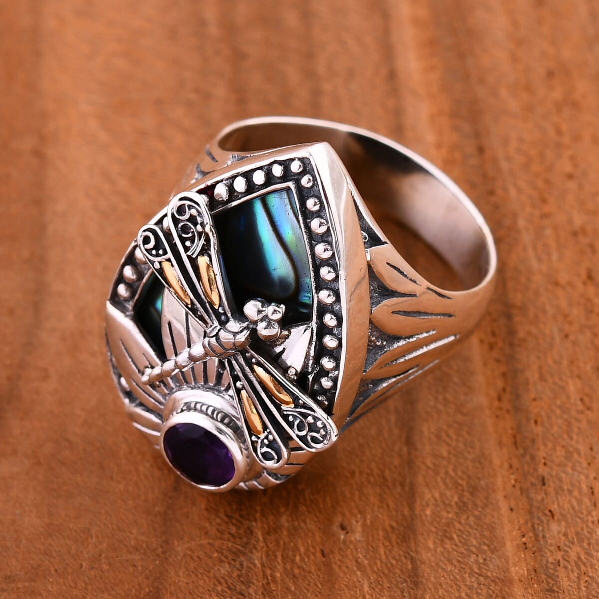 Bali Legacy Abalone Shell and African Amethyst 0.75 ctw Dragonfly Ring in 22K Yellow Gold and Sterling Silver (Size 9.0)  image number 1