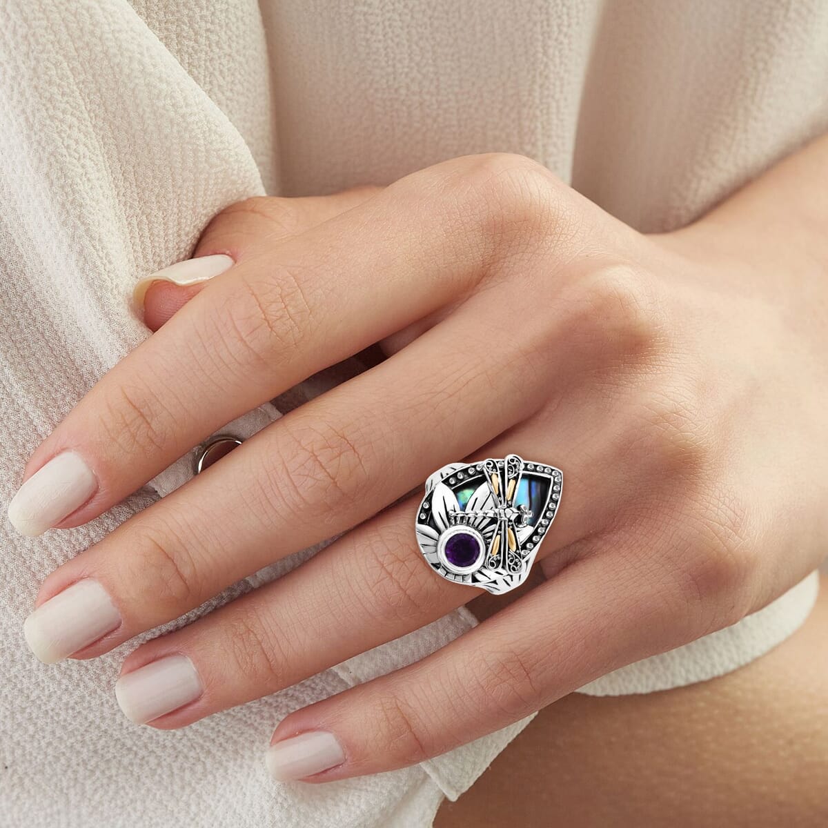 Bali Legacy Abalone Shell and African Amethyst 0.75 ctw Dragonfly Ring in 22K Yellow Gold and Sterling Silver (Size 9.0)  image number 2