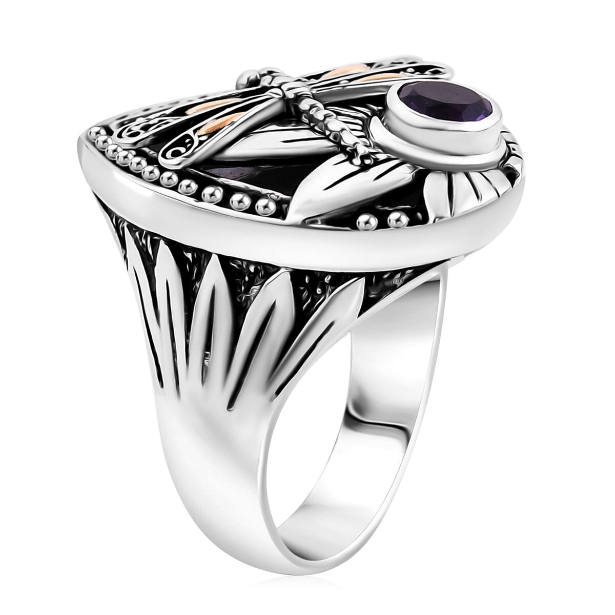 Bali Legacy Abalone Shell and African Amethyst 0.75 ctw Dragonfly Ring in 22K Yellow Gold and Sterling Silver (Size 9.0)  image number 3