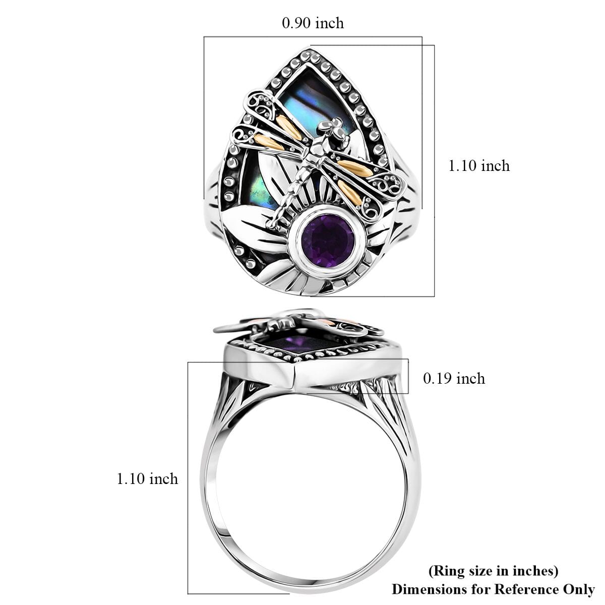 Bali Legacy Abalone Shell and African Amethyst 0.75 ctw Dragonfly Ring in 22K Yellow Gold and Sterling Silver (Size 9.0)  image number 5