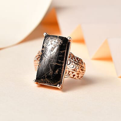 Matrix Silver Shungite Solitaire Ring in 14K Rose Gold Over Copper with Magnet (Size 10.0) 7.85 ctw